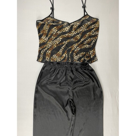 Private Luxuries Pajama Set Lounge WearWomen's M Black & Leopard Satin & Lace